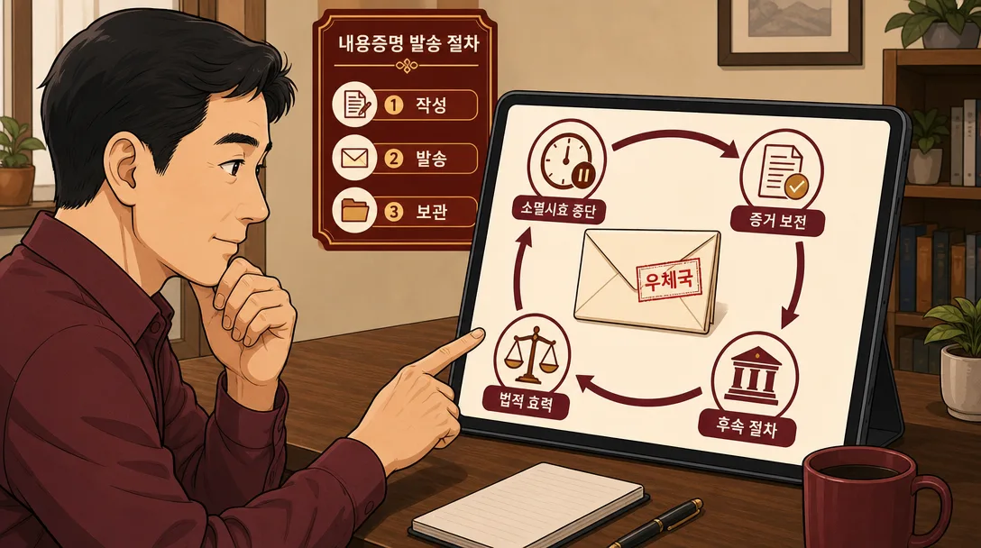 내용증명 법적 효력 핵심 개념 — 발송·증거 보전·소멸시효 중단·후속 절차 아이콘 흐름도 일러스트