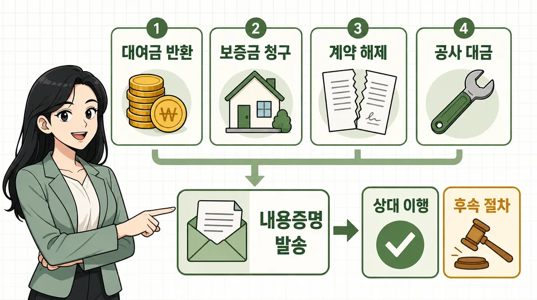 내용증명 법적 효력 주요 활용 사례 — 대여금 반환, 보증금 청구, 계약 해제 흐름 도해