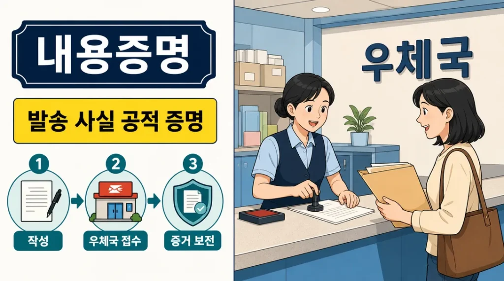 내용증명 법적 효력 — 우체국 창구에서 내용증명을 접수하는 장면 일러스트