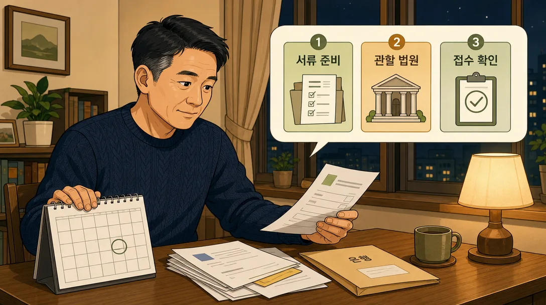 상속포기 기간 안에 서류를 정리하는 50대 남성 일러스트