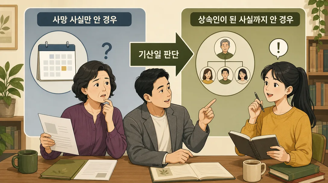 상속포기 기간 기산일을 사망일과 안 날로 구분해 보여주는 도식