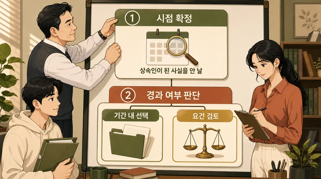 상속포기 기간 판단을 두 단계로 나눈 절차 인포그래픽