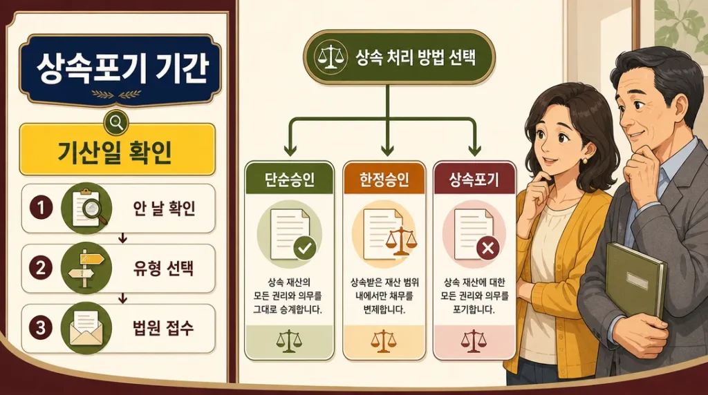 상속포기 기간 선택지를 세 갈래 도식으로 정리한 인포그래픽